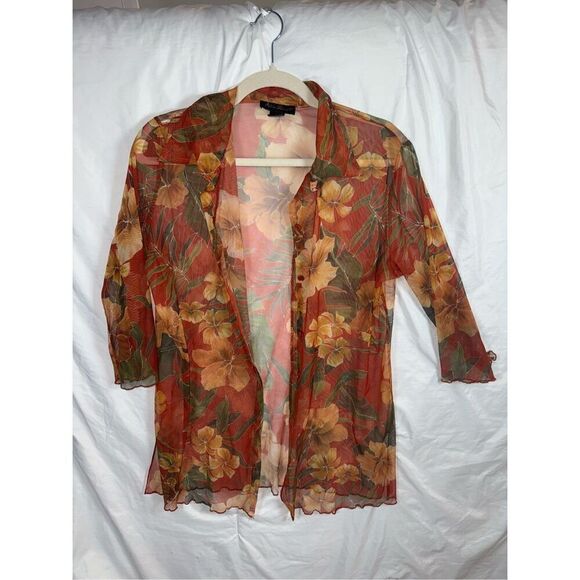 Ashley Stewart Vintage Sheer Hibiscus Tropical Print Button-Up - Picture 1 of 6
